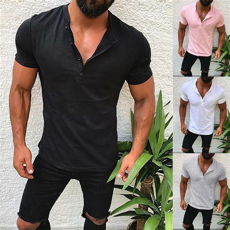 Mens Plain Button V Neck Muscle T Shirts Casual Short Sleeve Tee Blouse
