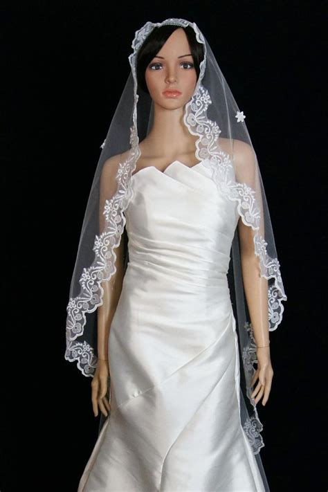 Bridal Mantilla Veil White 1 Tier Long Cathedral Length 4in Thick Lace