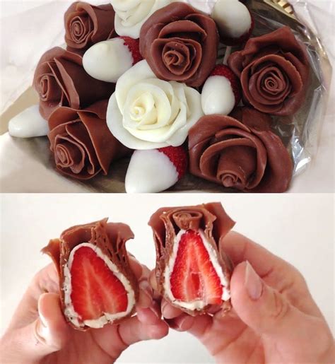 Two Pictures One With Strawberries And The Other With Chocolate Roses