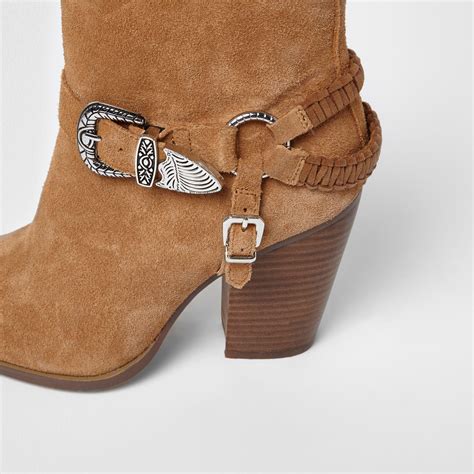 River Island Brown Suede Western Buckle Boots Lyst