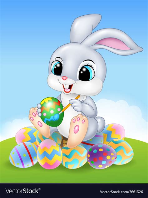 Cartoon Easter Bunny Painting An Egg On Easter Vector Image