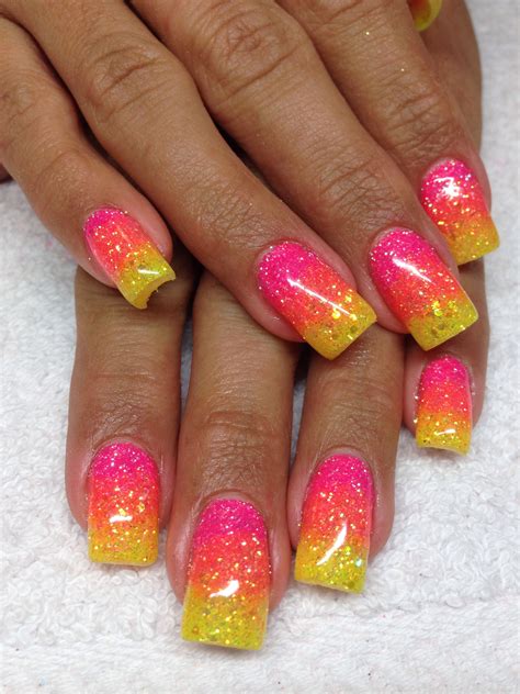 Hot Pink Orange And Yellow Glitter Nails Neon Yellow Nails Yellow
