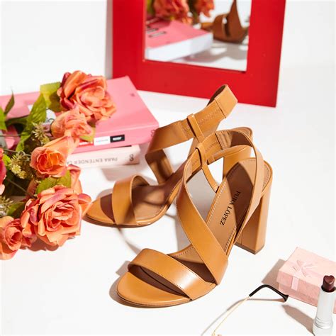 Strappy High Block Heel Sandals In Camel Leather PURA LOPEZ
