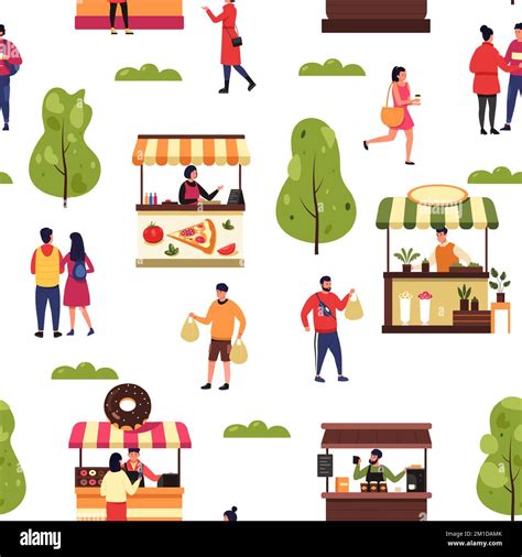 Seasonal Outdoor Market Seamless Pattern Of Street Stall With Vendors