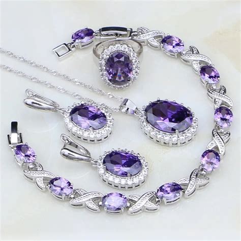 925 Sterling Silver Jewelry Purple Cubic Zirconia White Cz Jewelry Sets