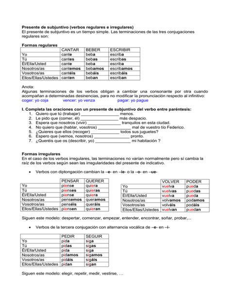 Presente De Subjuntivo Verbos Regulares E Irregulares El Presente