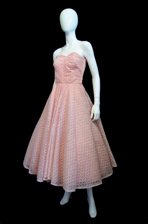 1950s pink embroidered strapless dress at 1stdibs