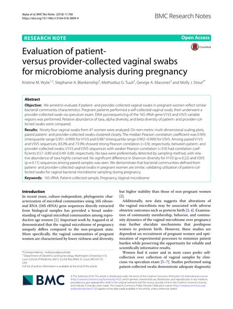 PDF Evaluation Of Patient Versus Provider Collected Vaginal Swabs For Microbiome Analysis