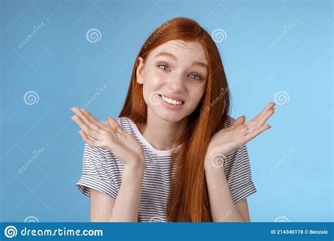 Awkward Apologizing Cute Redhead Girlfriend Say Sorry Shrugging Spread Hands Sideways Puzzled