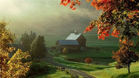 Hd Wallpaper Lovely Farm In Autumn Barn In Green House Painting Pond