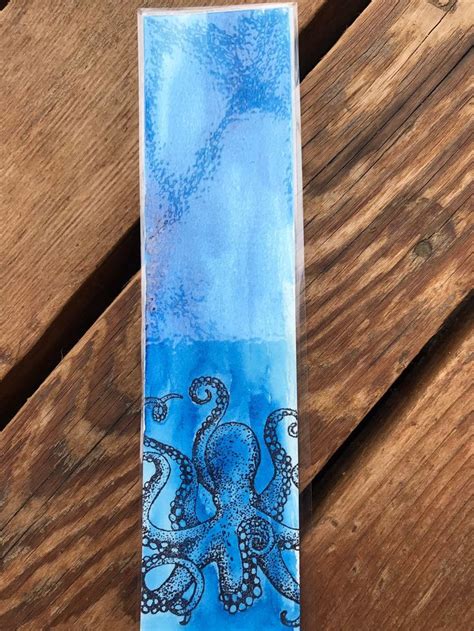octopus bookmark stamped and watercolor bookmark original etsy watercolor bookmarks unique