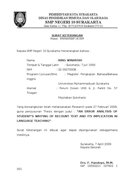 Surat Keterangan Penelitian Ning W