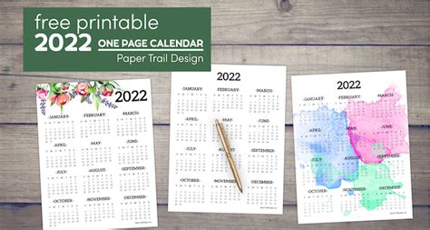 Calendar 2022 Printable One Page Paper Trail Design One Page Calendar