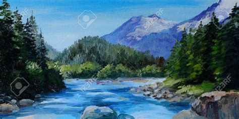 Oil Painting Mountain River Rocks And Forest Abstract Drawing