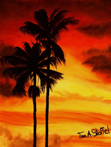 11×14 Red Sunset Palm Trees Oil Painting
