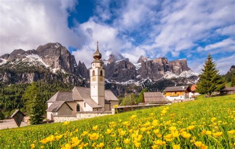 Wallpaper Flowers Mountains Village Meadow Italy Church Italy