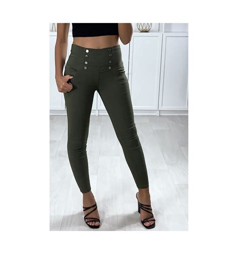 Pantalon Slim Kaki En Stretch Pour Femme Avec Boutons Et Poches