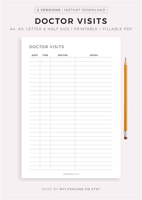 Doctor Visits Tracker Printable Template Doctor Appointment Log
