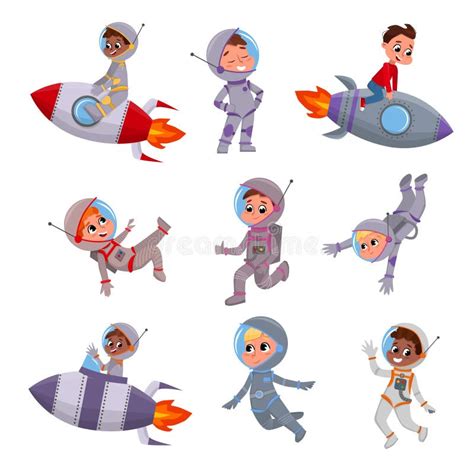 Cute Kid Astronauts Set Children In Outer Space Suits Riding