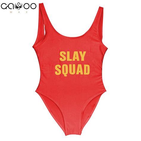 Slay Squad Golden Color Funny Letter Print Swimwear Women One Piece Swimsuit High Cut Monokini