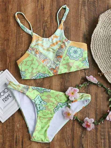 shop light green printed cross back bikini set online shein offers light green printed cross