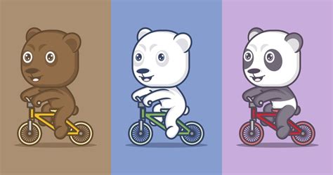 Premium Vector Cute Cartoon Bears Pandas And Polar Bears Riding Bicycle