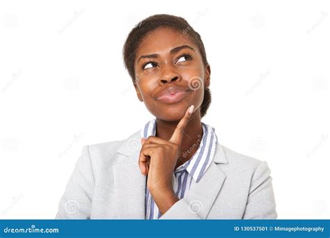 Close Up Attractive Young Black Woman Thinking And Looking Up Stock