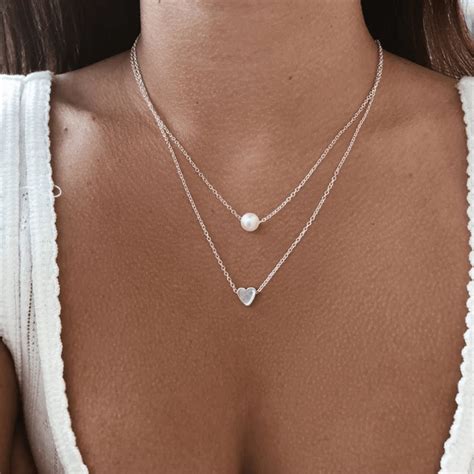 sleek minimalist alloy heart shaped pearl necklace tlip silver necklace simple heart