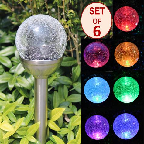 Set Of 6 Crackle Glass Globe Color Changing Led And White Led Solar Path