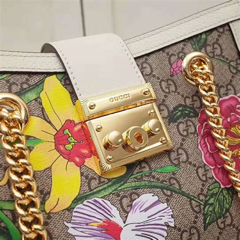 Gucci Gg Women Padlock Gg Flora Small Shoulder Bag In Beigeebony Gg