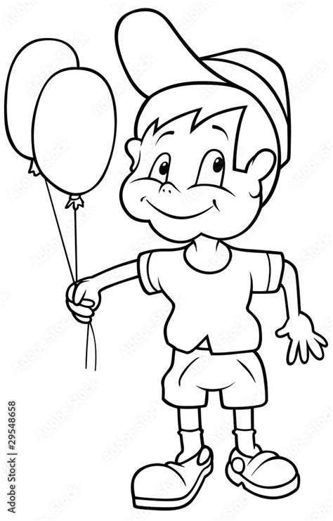 Boy With Balloons Black And White Cartoon Illustration Stock