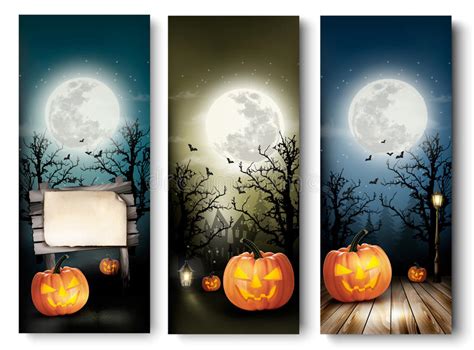 Holiday Halloween Banner With Pumpkins And Moon Stock Vector
