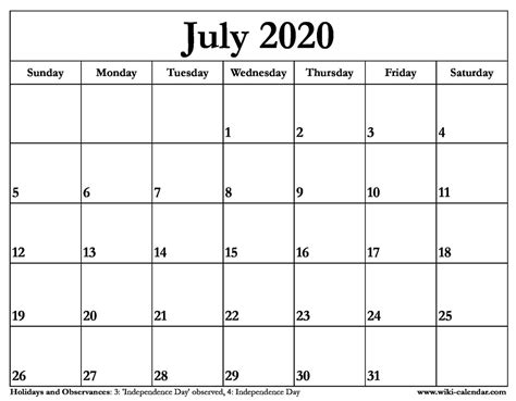 2020 Monthly Calendar Printable Free Pdf July