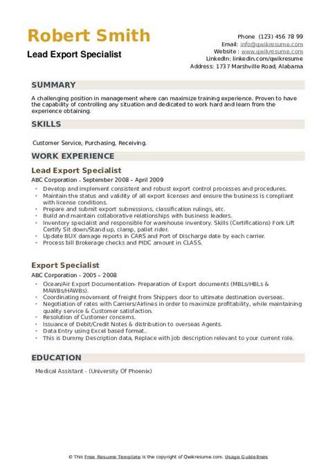 Apply to specialist, senior sales specialist, operations associate and more! Export Specialist Resume Samples | QwikResume