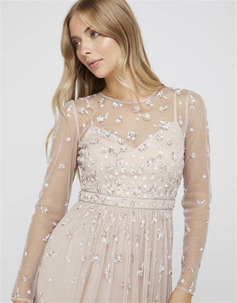 Selina Long Sleeve Sequin Floral Maxi Dress Pink Evening Dresses