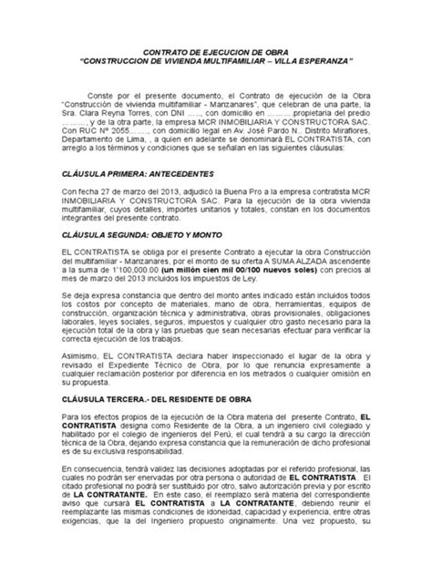 Modelo De Contrato De Ejecución De Obras Modelos De Contrato