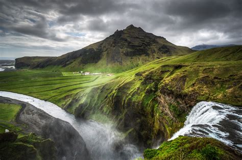Iceland Nature Landscapes Hills Mountains Waterfalls Grass Rocks Water