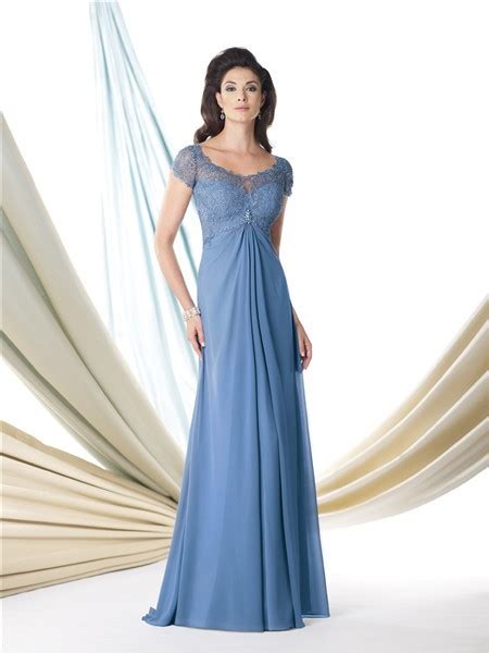 A Line Cap Sleeve Empire Waist Blue Chiffon Lace Mother Of The Bride