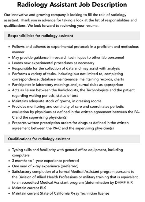 Radiology Assistant Job Description Velvet Jobs