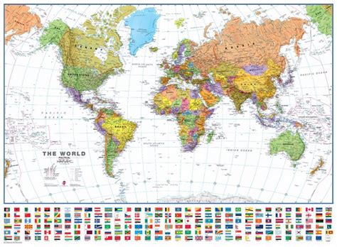 Large Political World Wall Map With Flags White Ocean Laminated