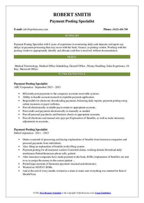 payment posting specialist resume samples qwikresume