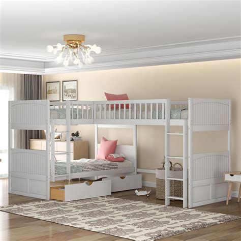 Euroco Twin Size L Shaped Wood Triple Bunk Bed With Drawers White