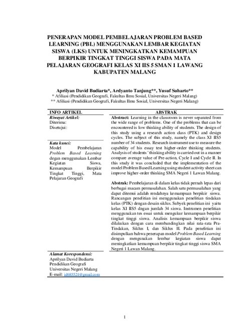 Pdf Penerapan Model Pembelajaran Problem Based Learning Pbl