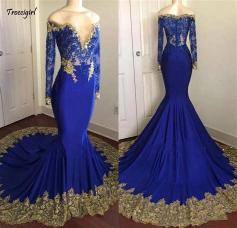 New Gorgeous Royal Blue Mermaid Prom Dresses With Gold Appliques Sheer
