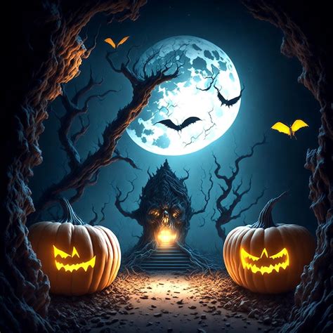 Premium Ai Image Halloween Castle Night Evil Pumpkins Bats Background