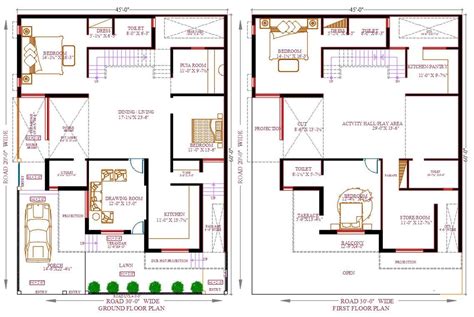 60x45 Architecture 4 Bhk House Floor Plan With Furniture Layout Drawing