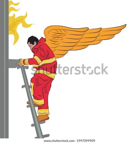 Firefighter Angel Wings Climbed On Ladder Stock Vector Royalty Free