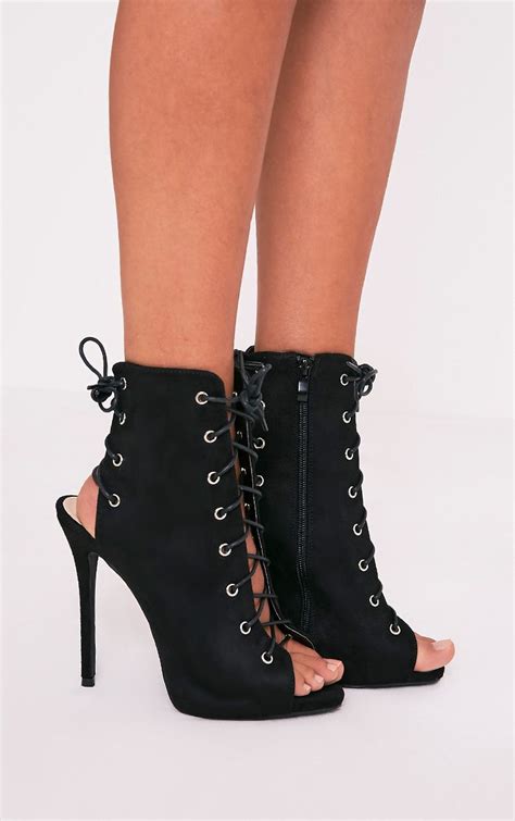 Kasen Black Lace Up Heeled Boot Boots Prettylittlething