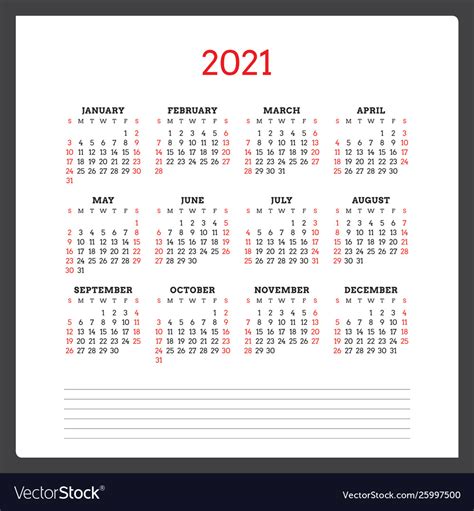 Calendar For 2021 Year Week Starts On Sunday Vector Image