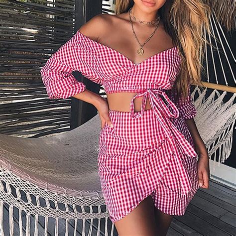 Summer Dress Women Sexy Dresses Beach Clothing Female Two Piece Plaid V Neck Chiffon Clothes For